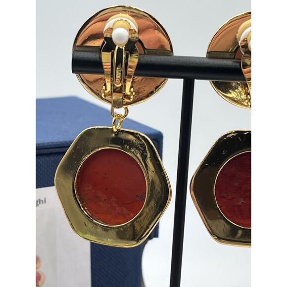 Lele Sadoughi Geo Bezel Red Harvest Jewel Drop Gold Plated Clip Runway Earring - Picture 8 of 16